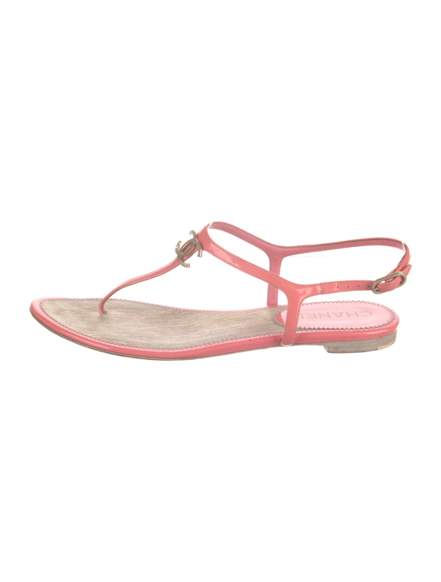 Chanel Interlocking CC Logo Patent Leather T-Strap Sandals