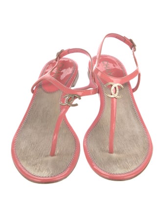 Chanel Interlocking CC Logo Patent Leather T-Strap Sandals