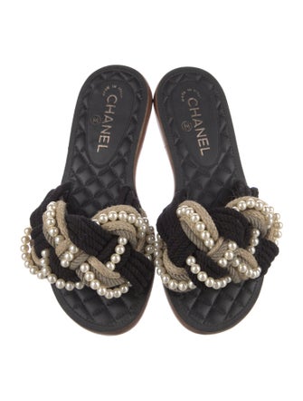 Chanel Faux Pearl Accents Colorblock Pattern Slides