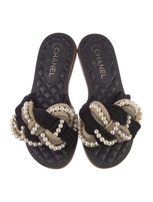 Chanel Faux Pearl Accents Colorblock Pattern Slides