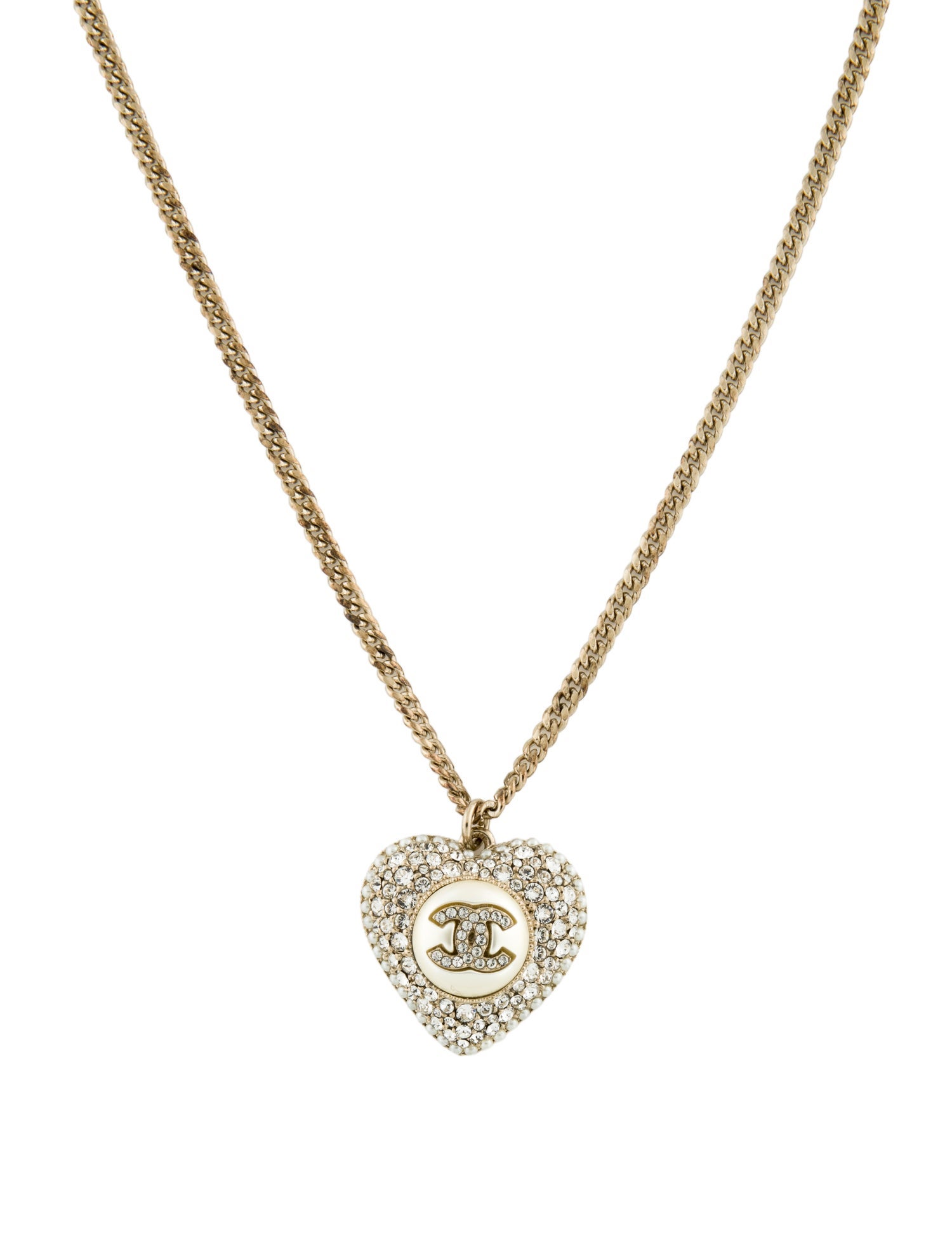 Chanel 2022 Faux Pearl & Strass CC Heart Pendant Necklace