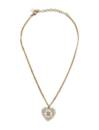 Chanel 2022 Faux Pearl & Strass CC Heart Pendant Necklace