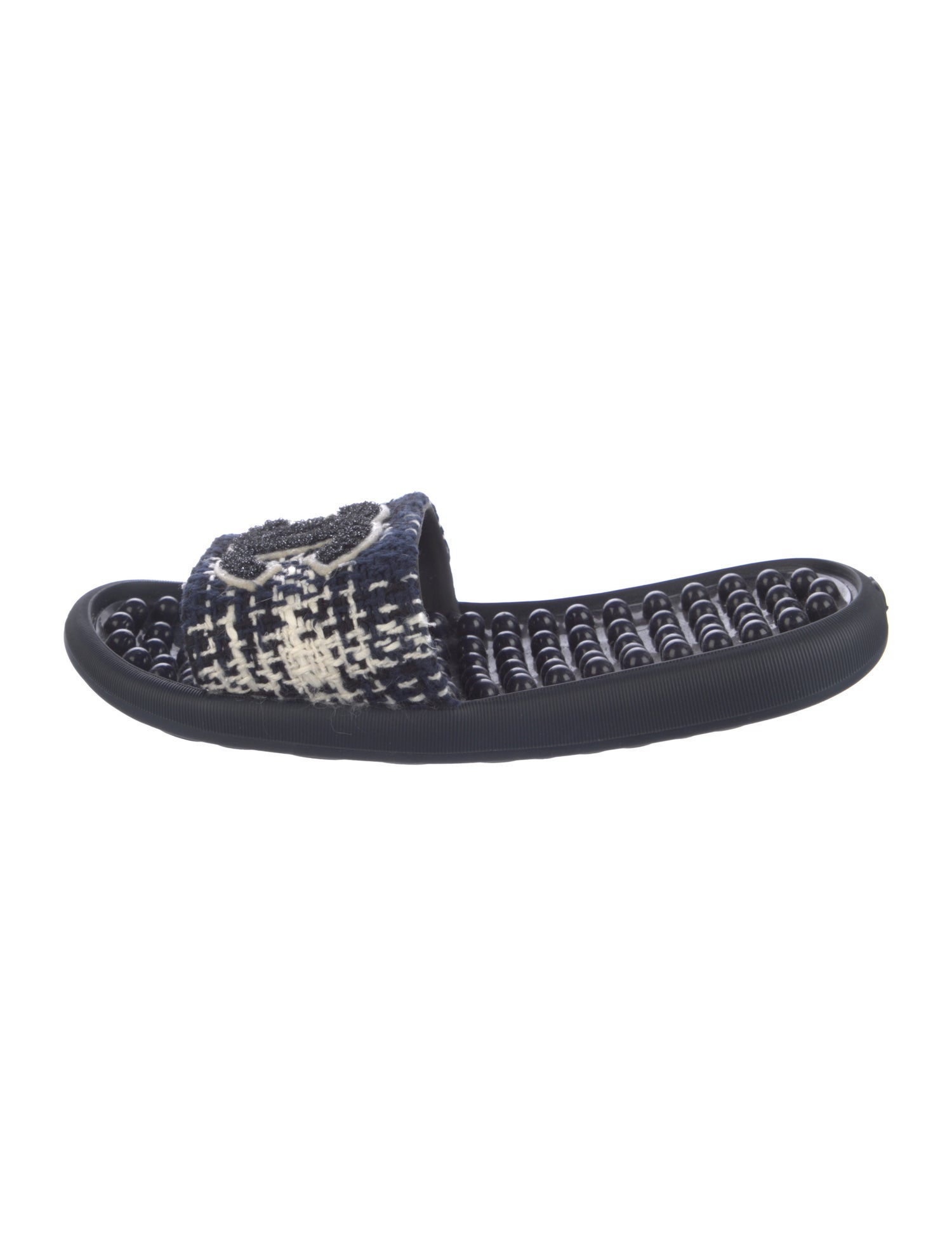 Chanel Interlocking CC Logo Tweed Slides