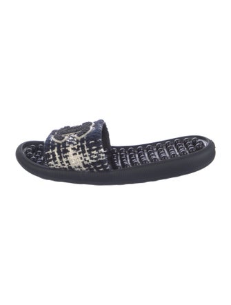 Chanel Interlocking CC Logo Tweed Slides
