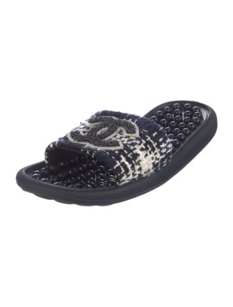 Chanel Interlocking CC Logo Tweed Slides