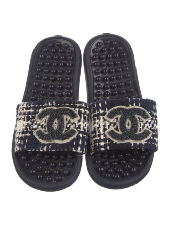Chanel Interlocking CC Logo Tweed Slides