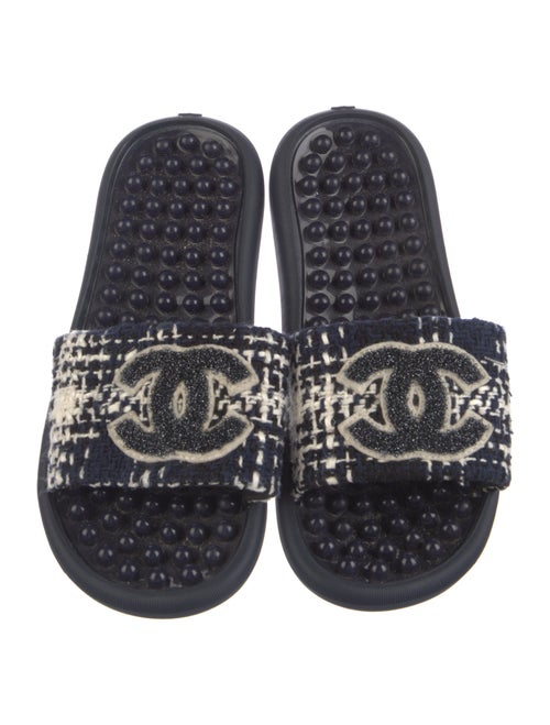 Chanel Interlocking CC Logo Tweed Slides