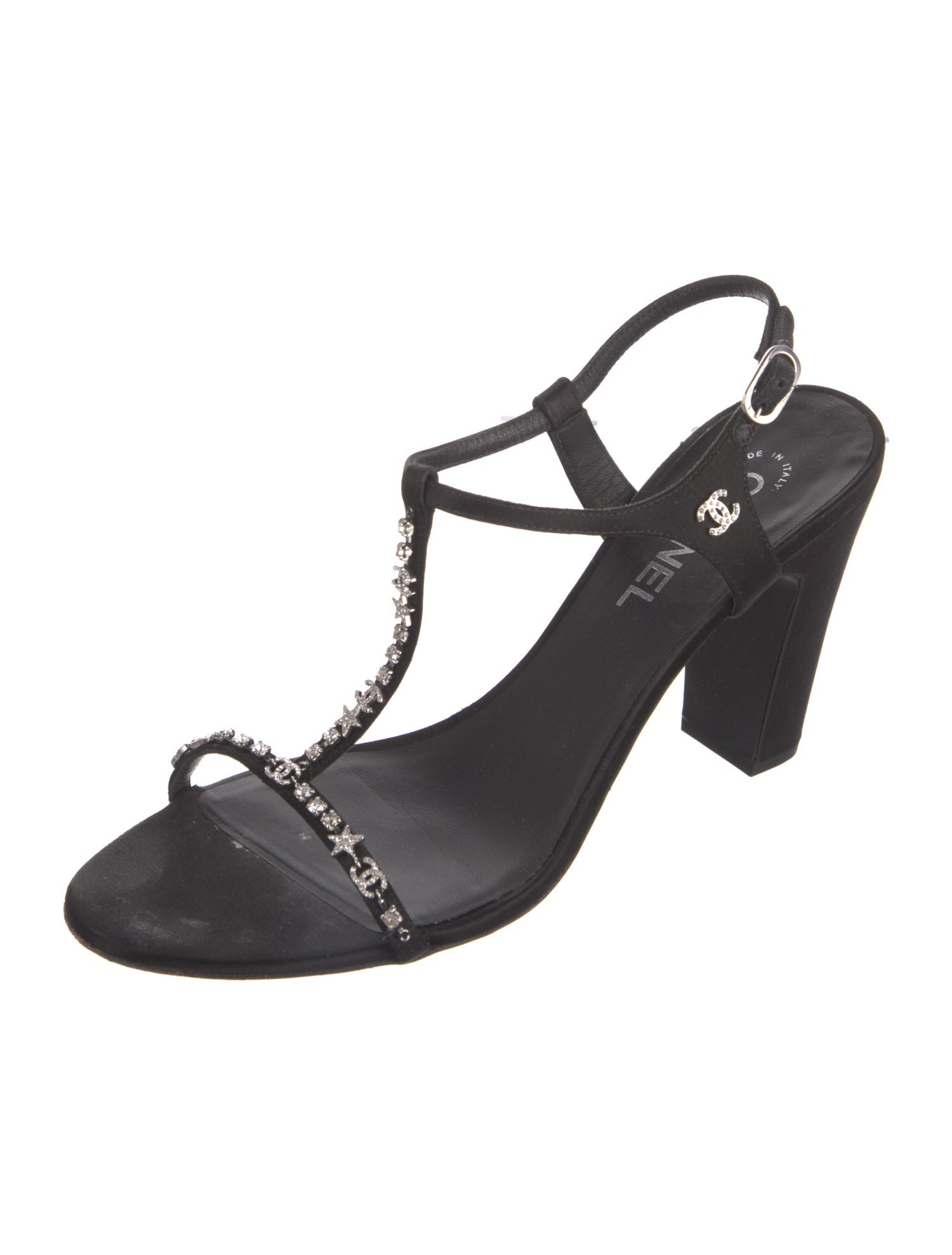 Chanel Interlocking CC Logo Satin T-Strap Sandals