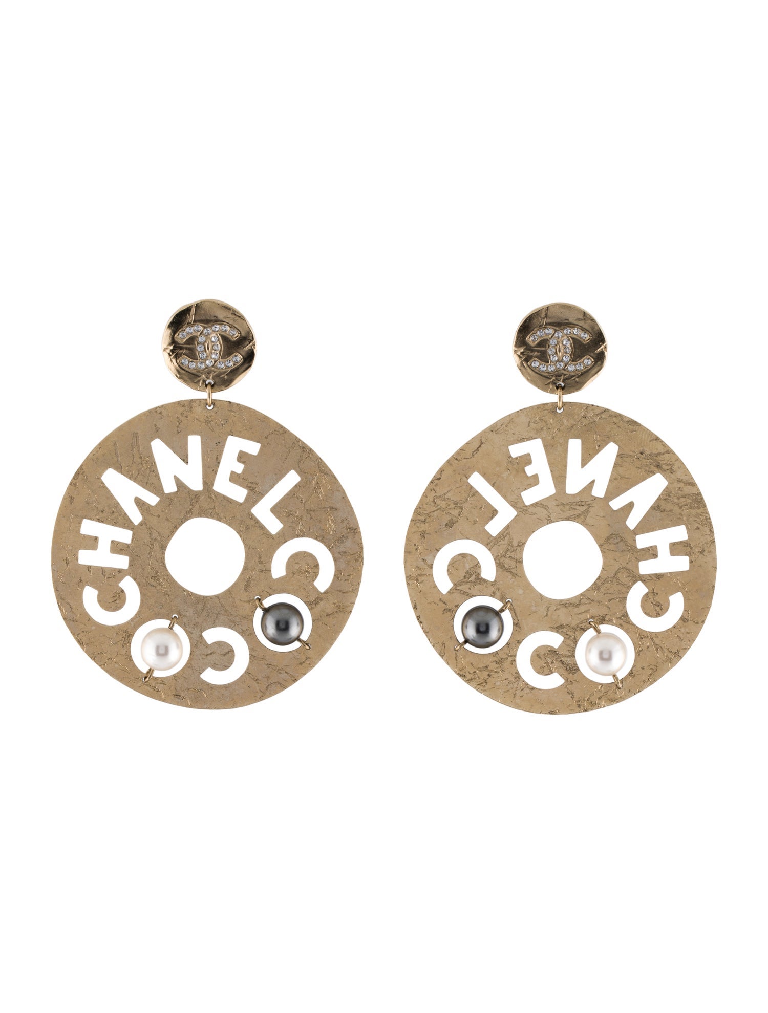 Chanel Faux Pearl & Strass CC Cut-Out 'COCO CHANEL' Drop Earrings