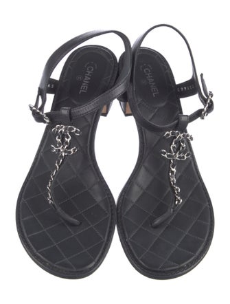 Chanel Interlocking CC Logo Leather T-Strap Sandals