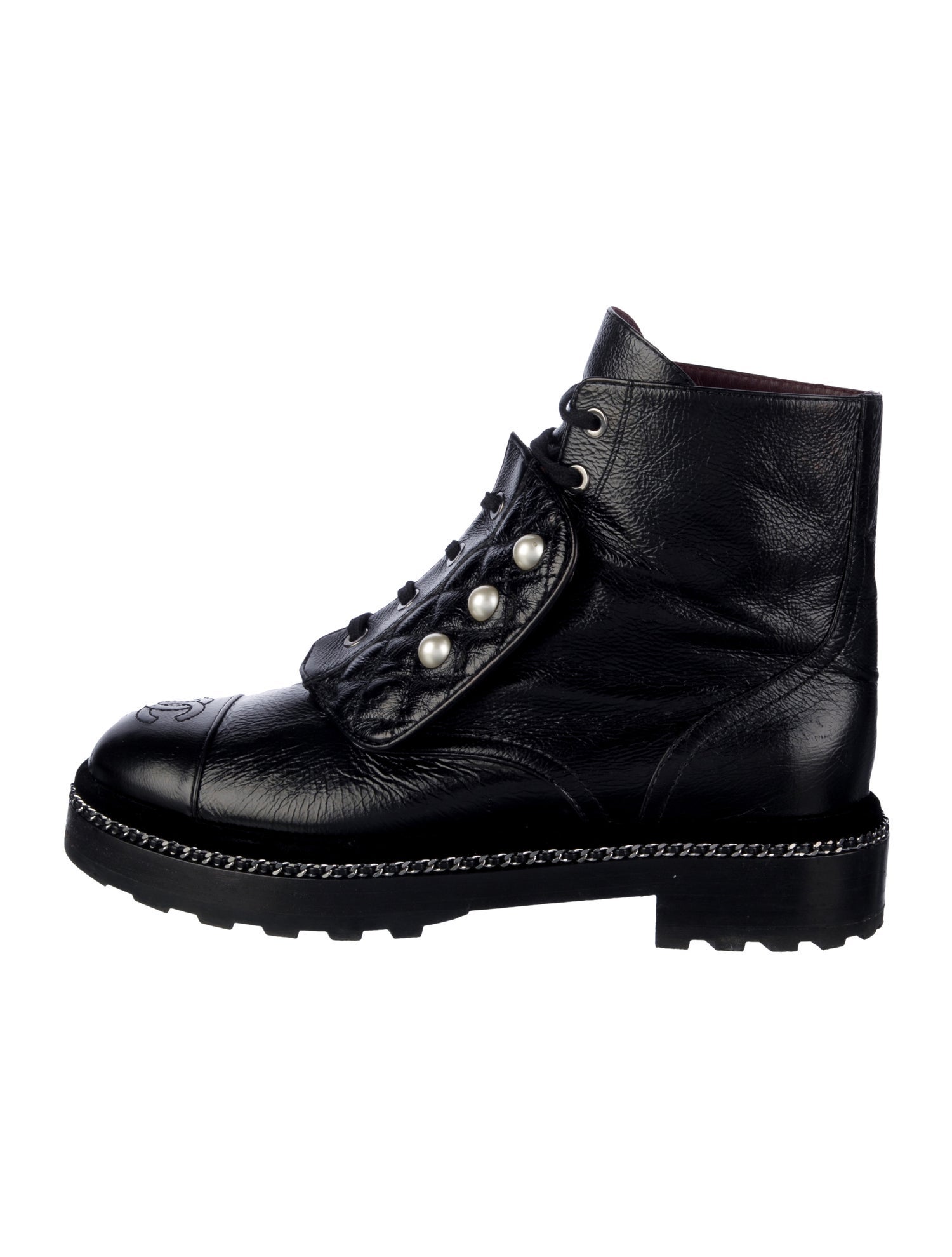 Chanel Faux Pearl Accents Calfskin Combat Boots