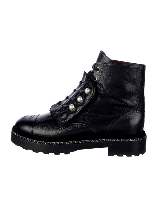 Chanel Faux Pearl Accents Calfskin Combat Boots
