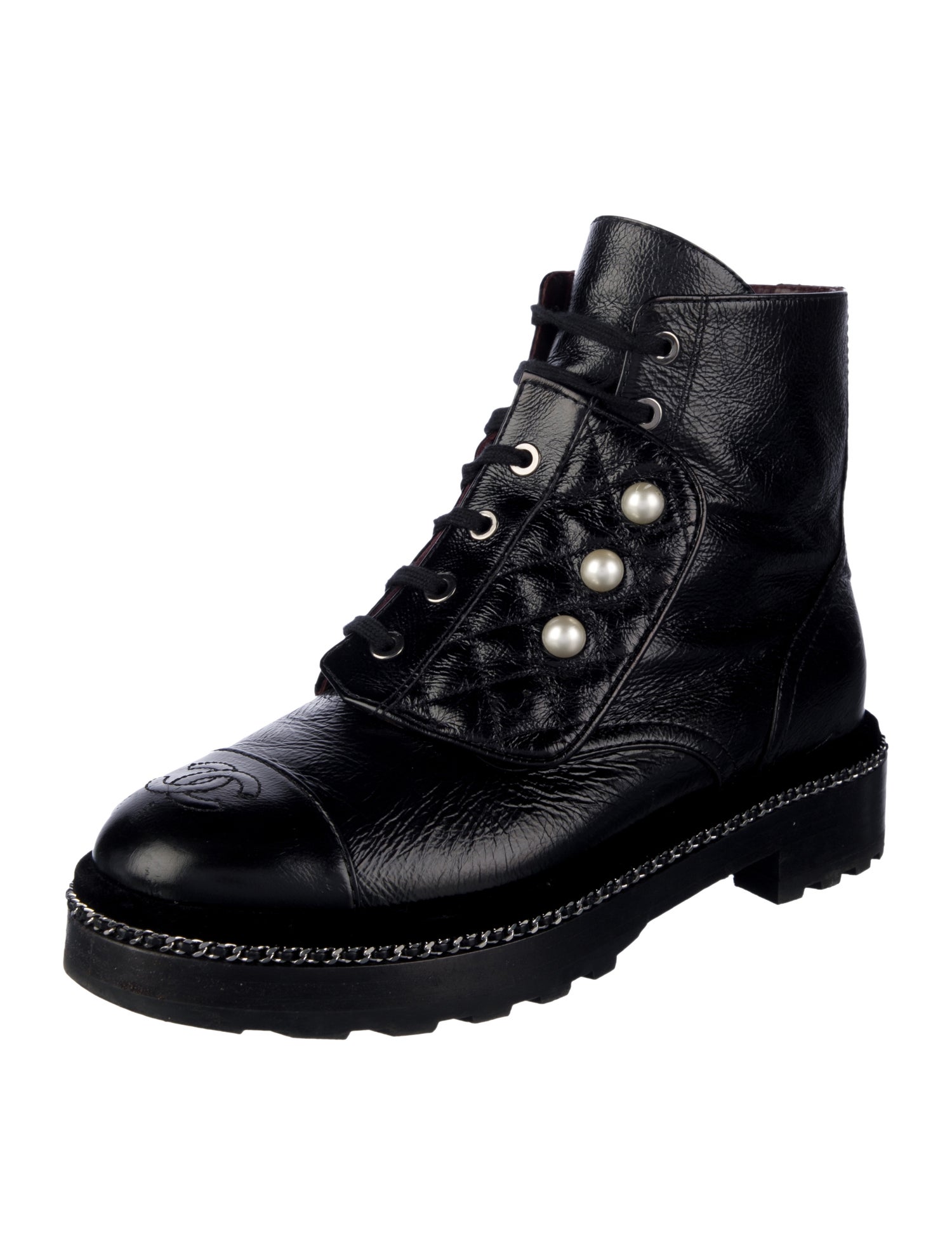 Chanel Faux Pearl Accents Calfskin Combat Boots