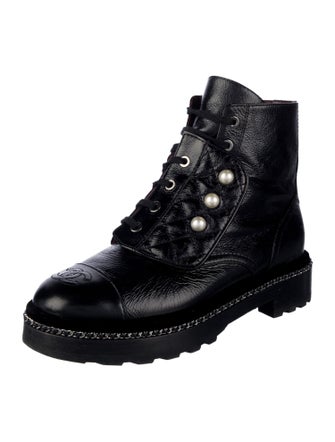 Chanel Faux Pearl Accents Calfskin Combat Boots