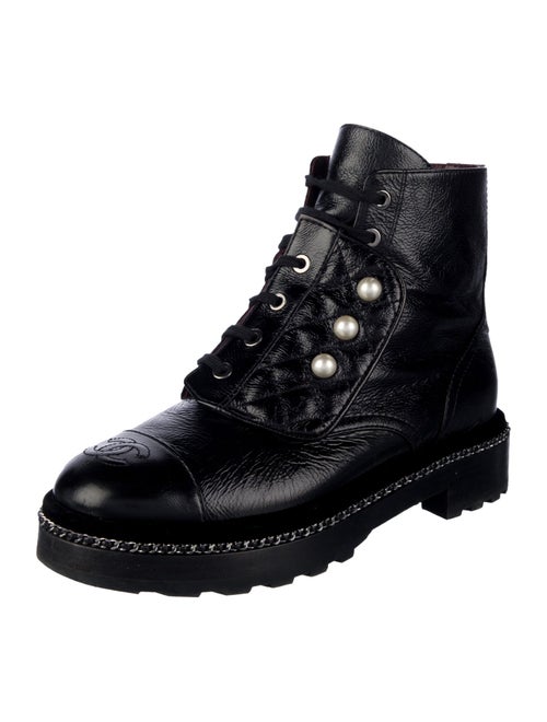 Chanel Faux Pearl Accents Calfskin Combat Boots