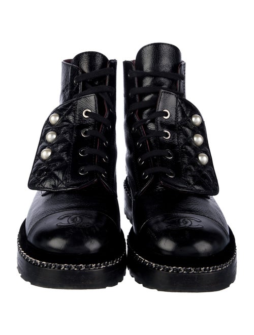 Chanel Faux Pearl Accents Calfskin Combat Boots