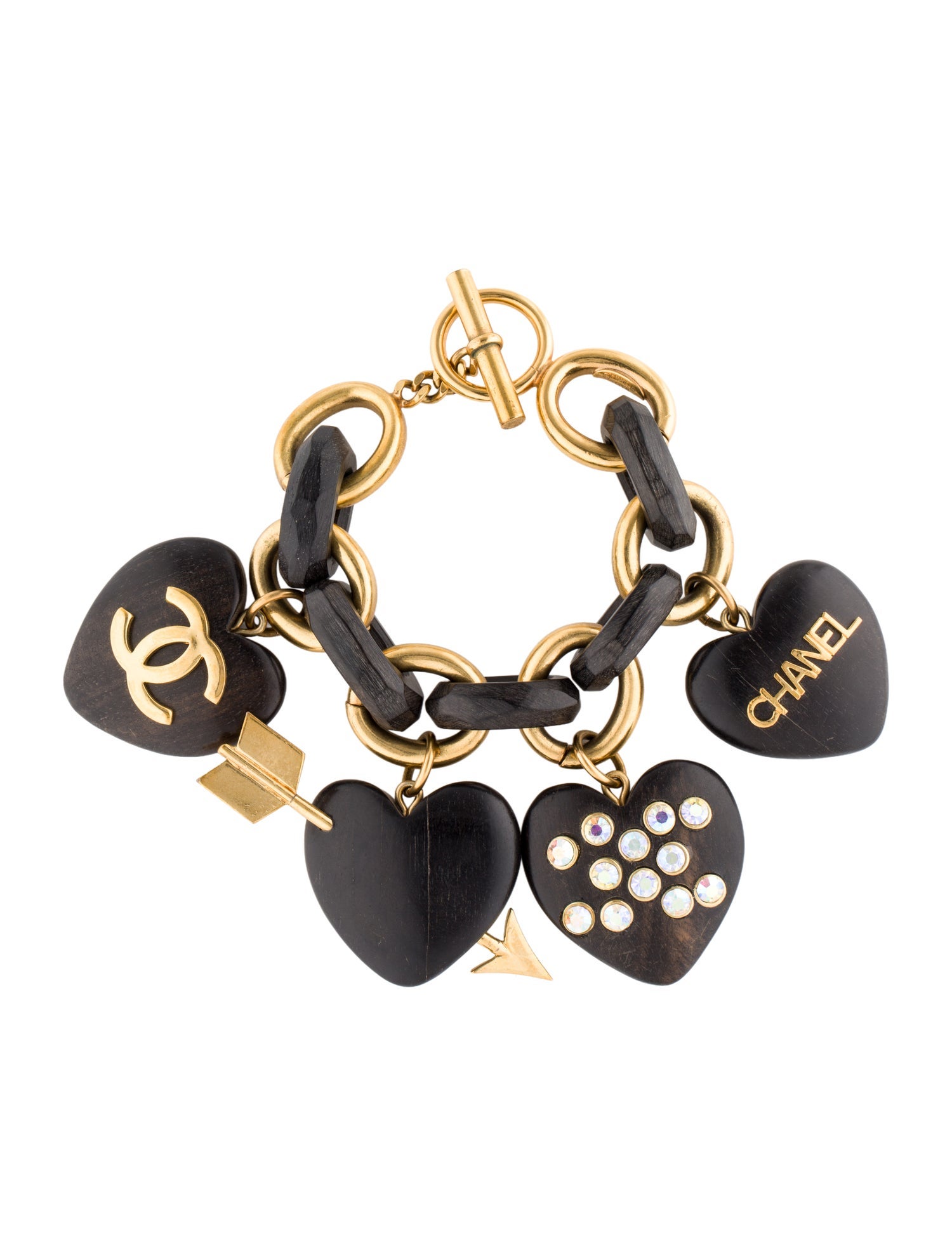 Chanel Vintage Strass & Wood Heart Charm Bracelet