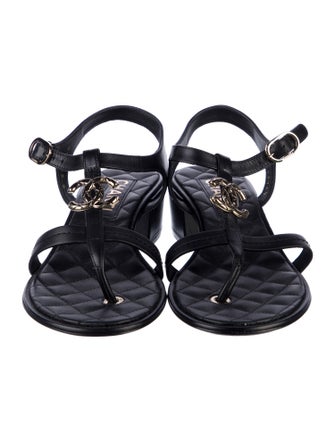 Chanel Interlocking CC Logo Leather T-Strap Sandals