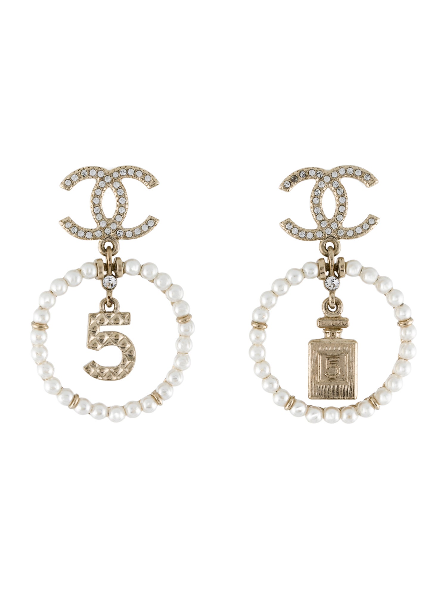 Chanel Faux Pearl & Strass N°5 CC Drop Earrings