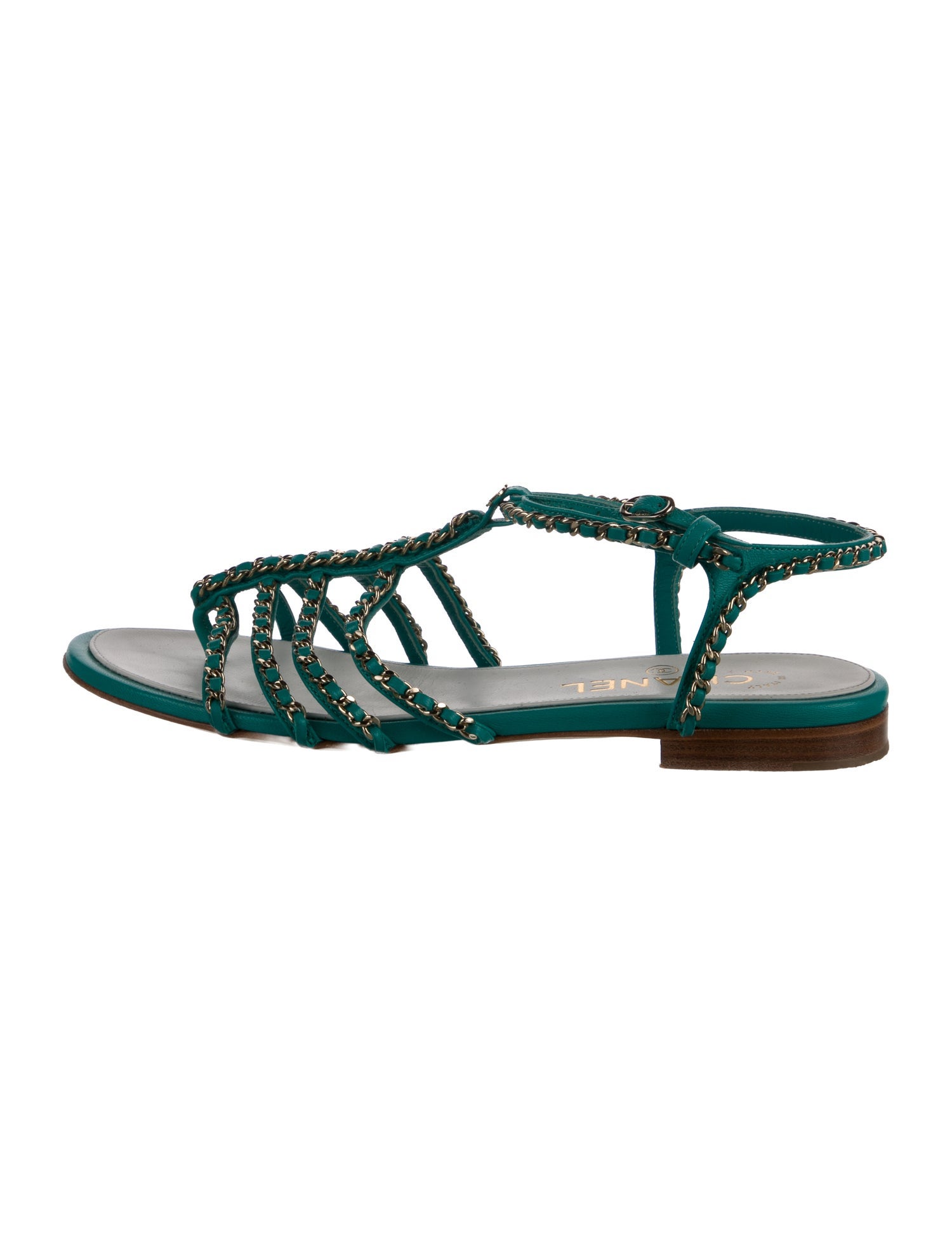 Chanel Chain-Link Accent Leather T-Strap Sandals