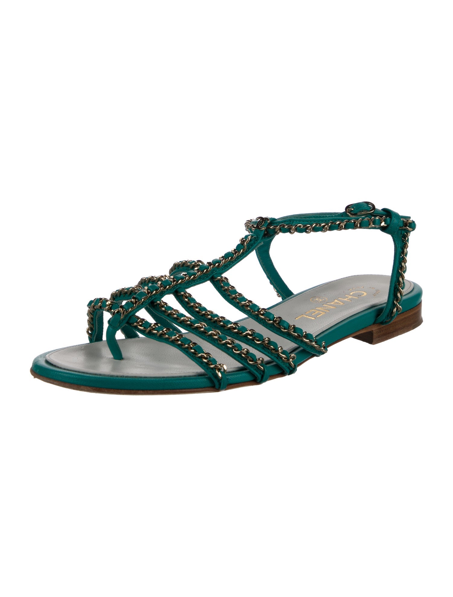 Chanel Chain-Link Accent Leather T-Strap Sandals