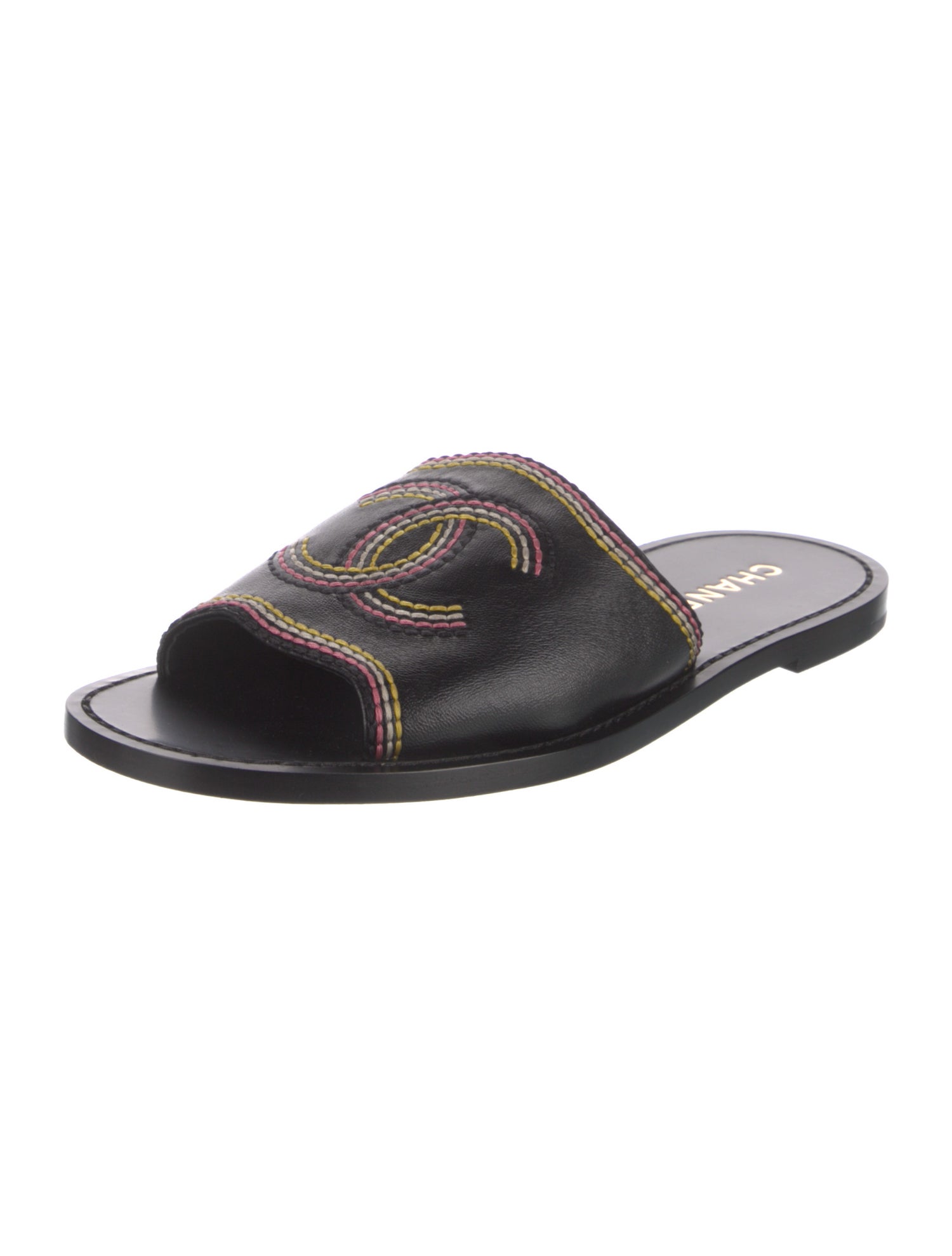 Chanel Interlocking CC Logo Leather Slides