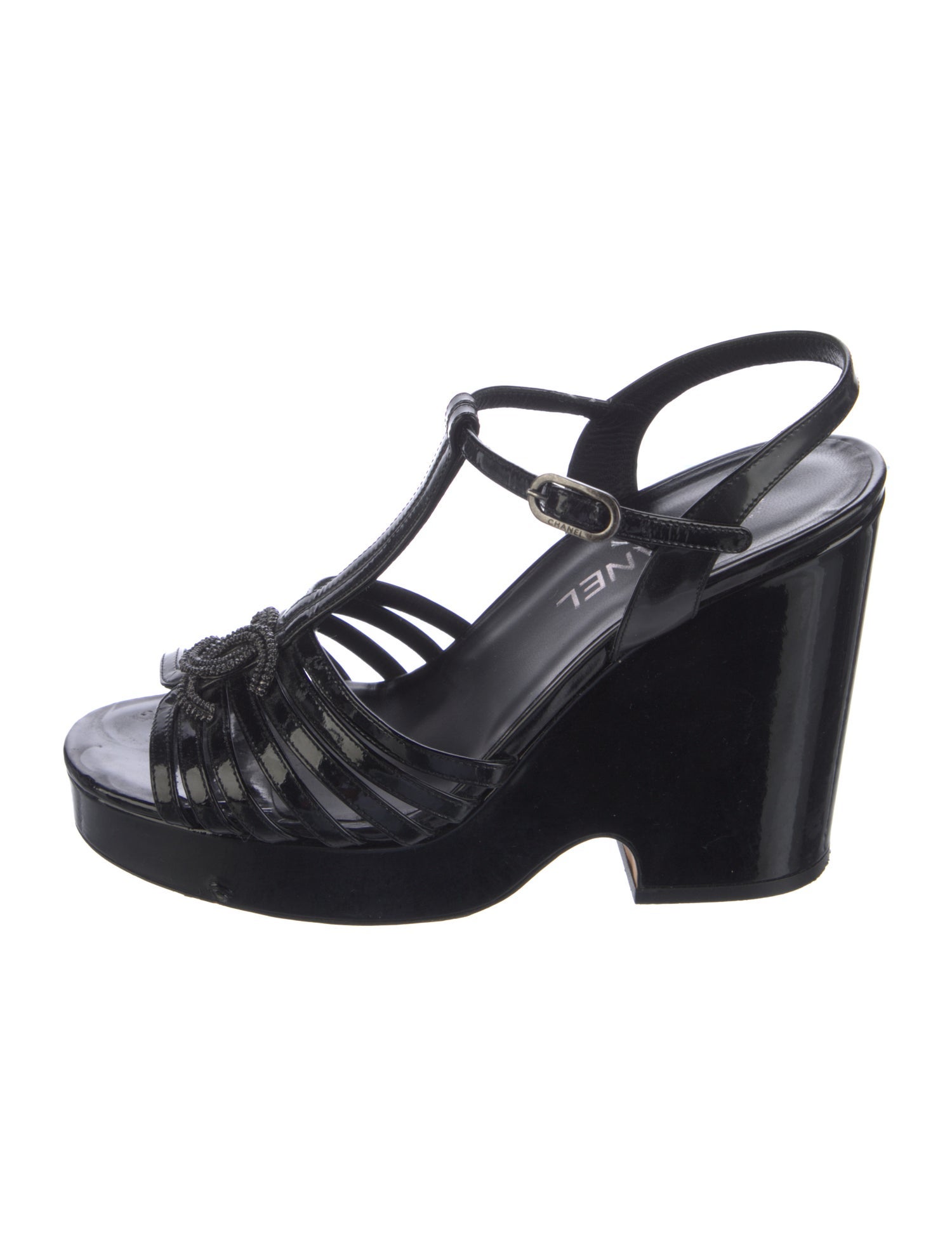 Chanel Interlocking CC Logo Patent Leather T-Strap Sandals