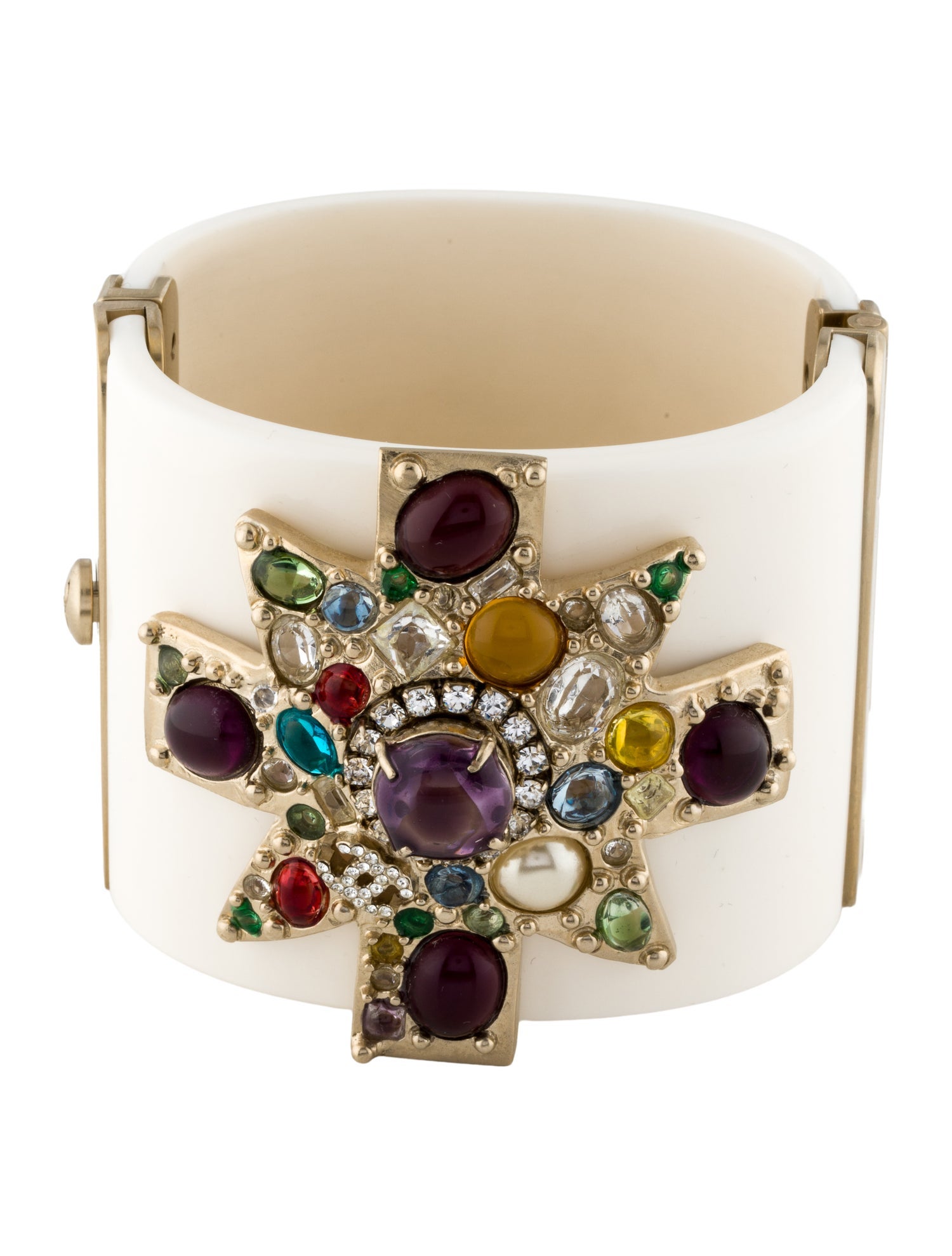 Chanel Faux Pearl, Gripoix, Resin & Strass CC Hinged Bangle Bracelet