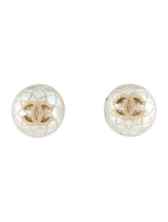 Chanel Faux Pearl Quilted CC Stud Earrings