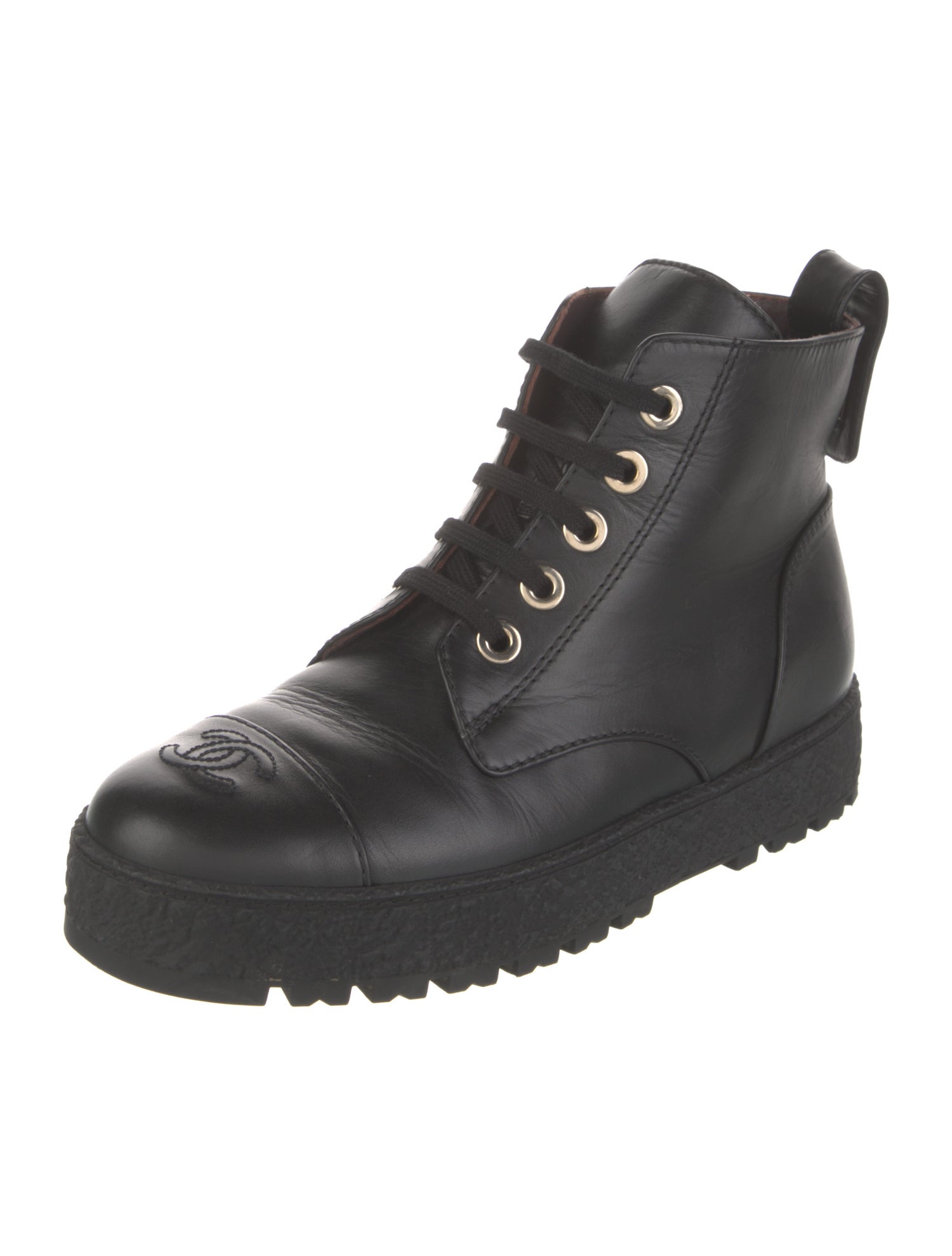 Chanel Interlocking CC Logo Leather Lace-Up Boots