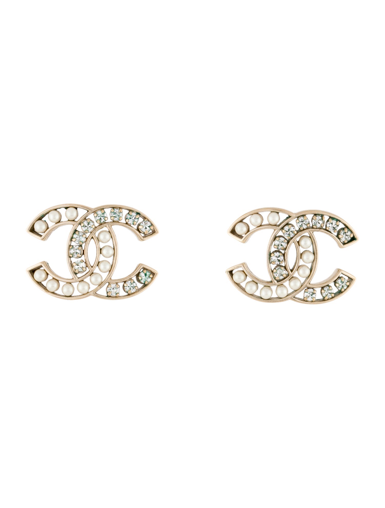 Chanel Faux Pearl & Strass CC Stud Earrings