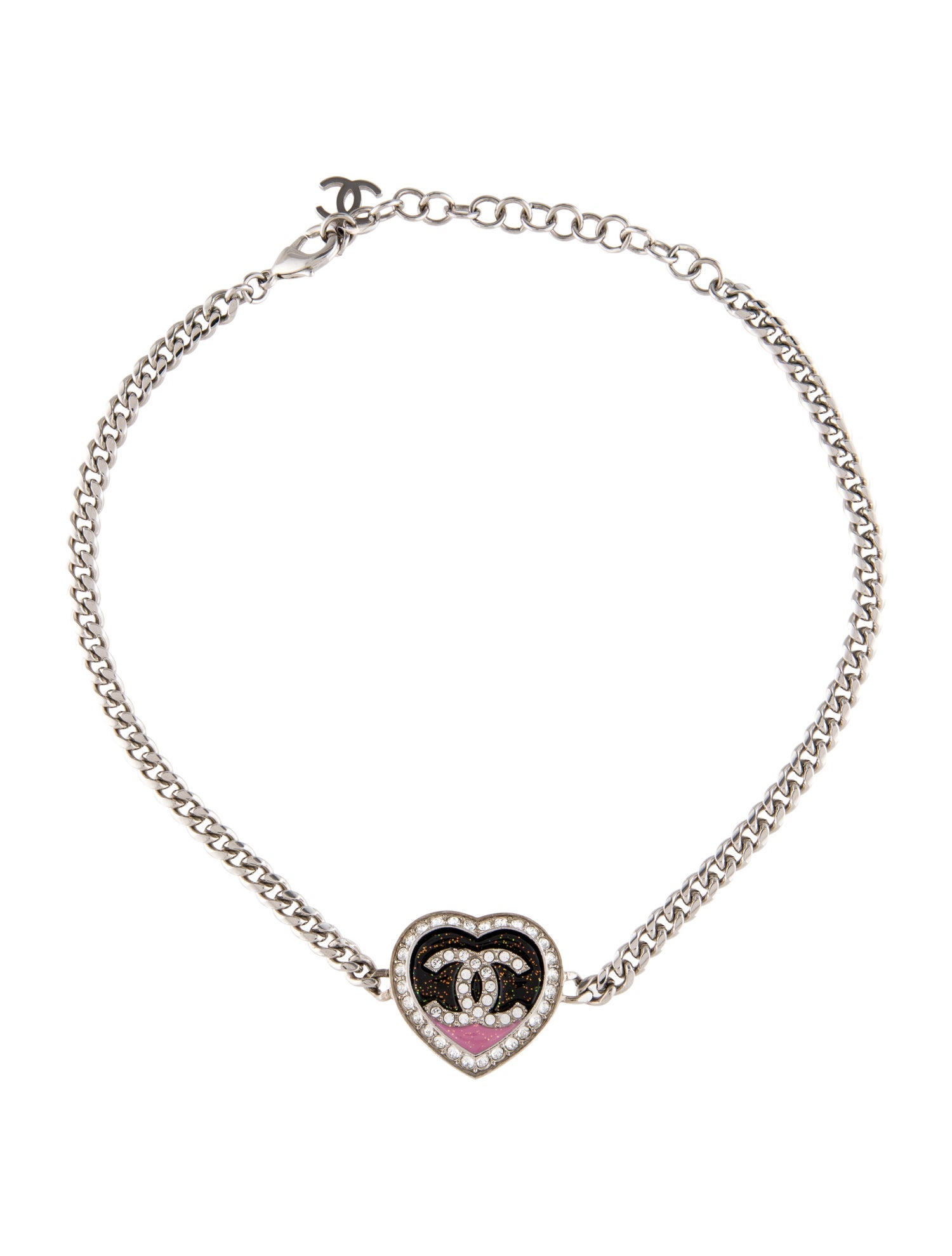 Chanel 2023 Strass & Enamel CC Heart Pendant Necklace