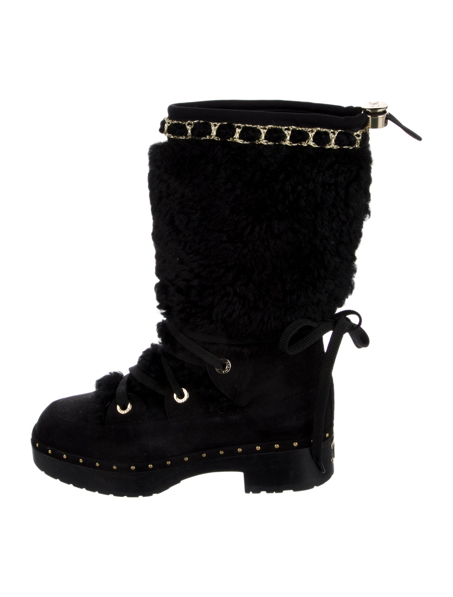 Chanel Interlocking CC Logo Shearling Lace-Up Boots