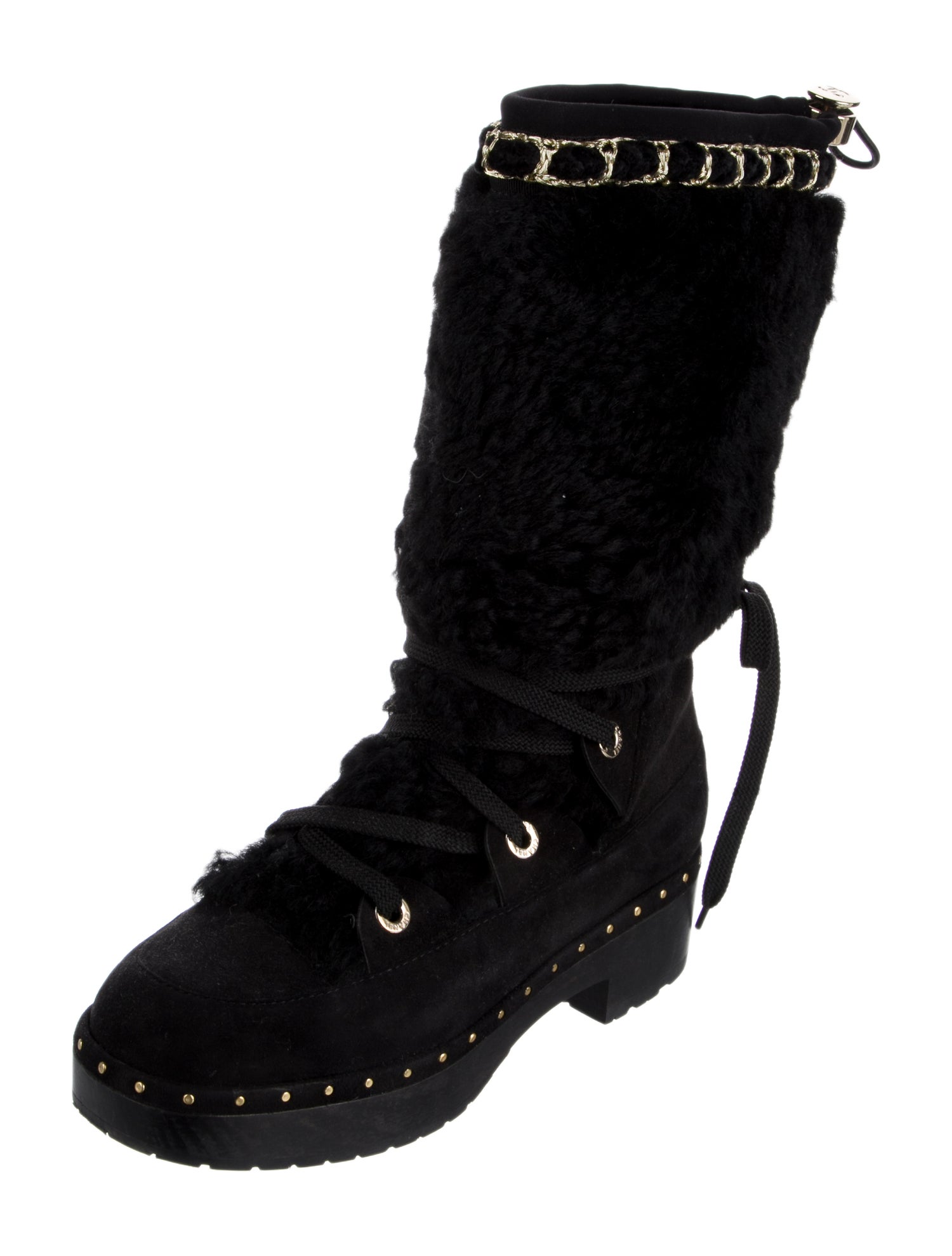 Chanel Interlocking CC Logo Shearling Lace-Up Boots