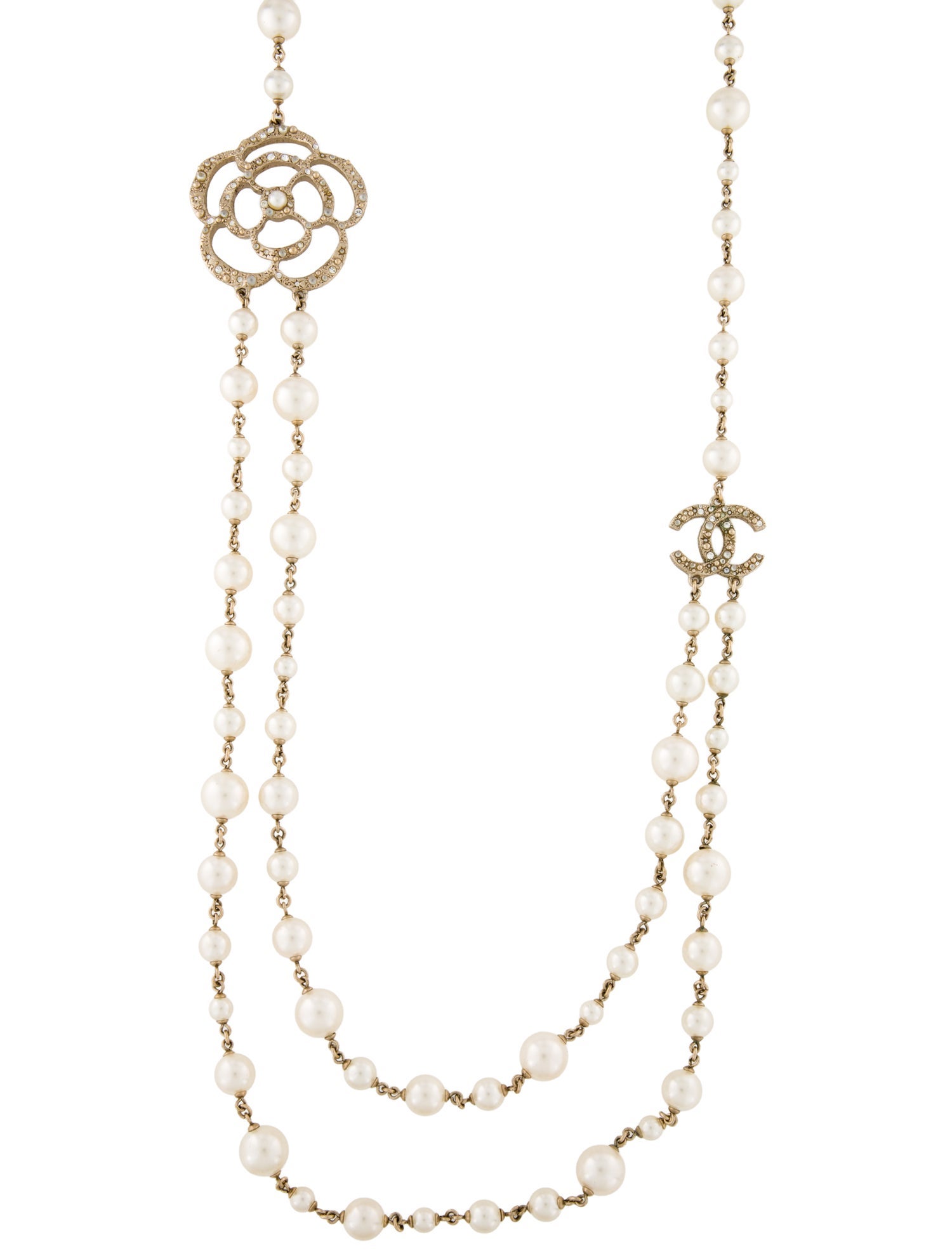 Chanel Faux Pearl & Strass CC Camellia Multistrand Necklace
