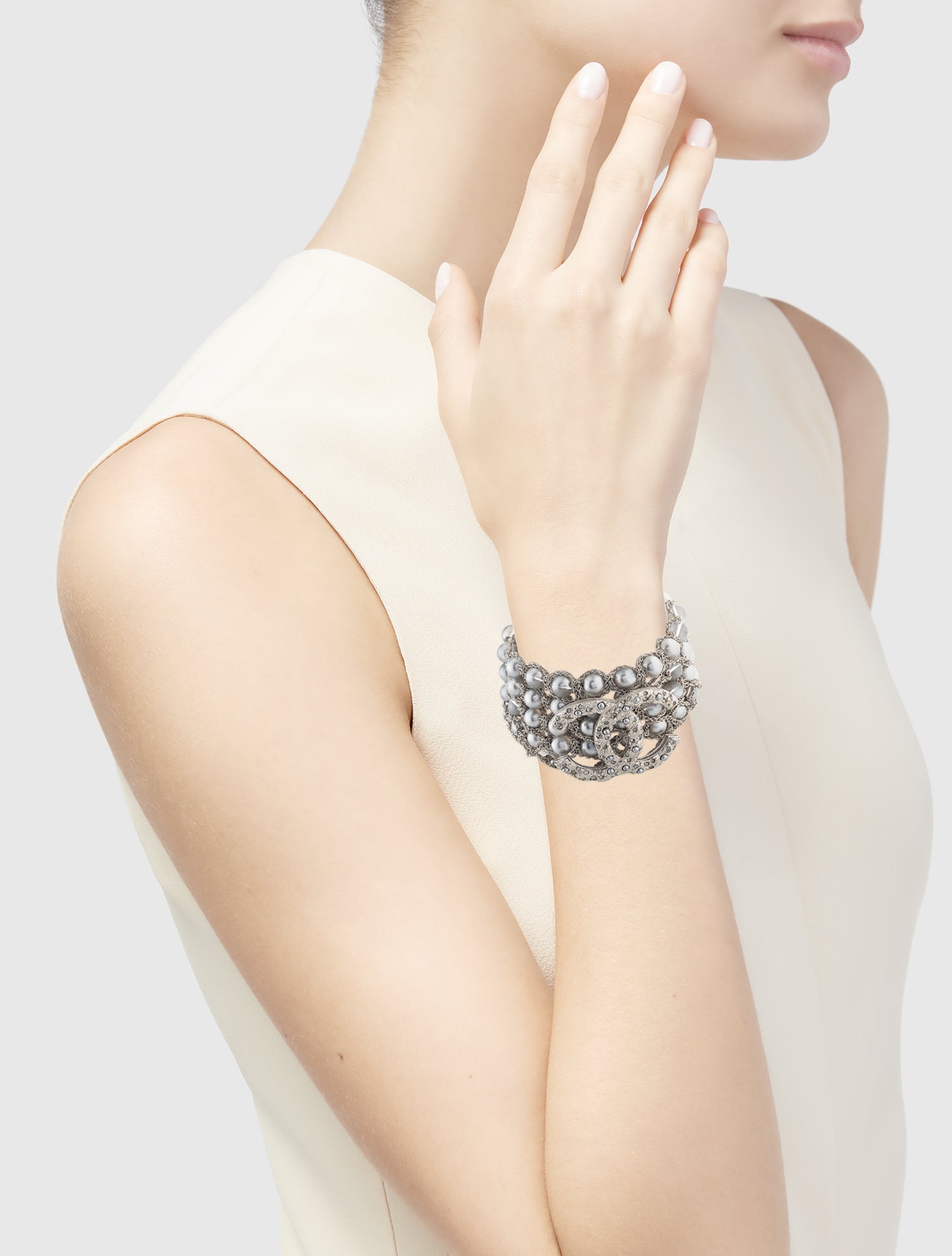 Chanel Faux Pearl & Strass CC Woven Wide Link Bracelet