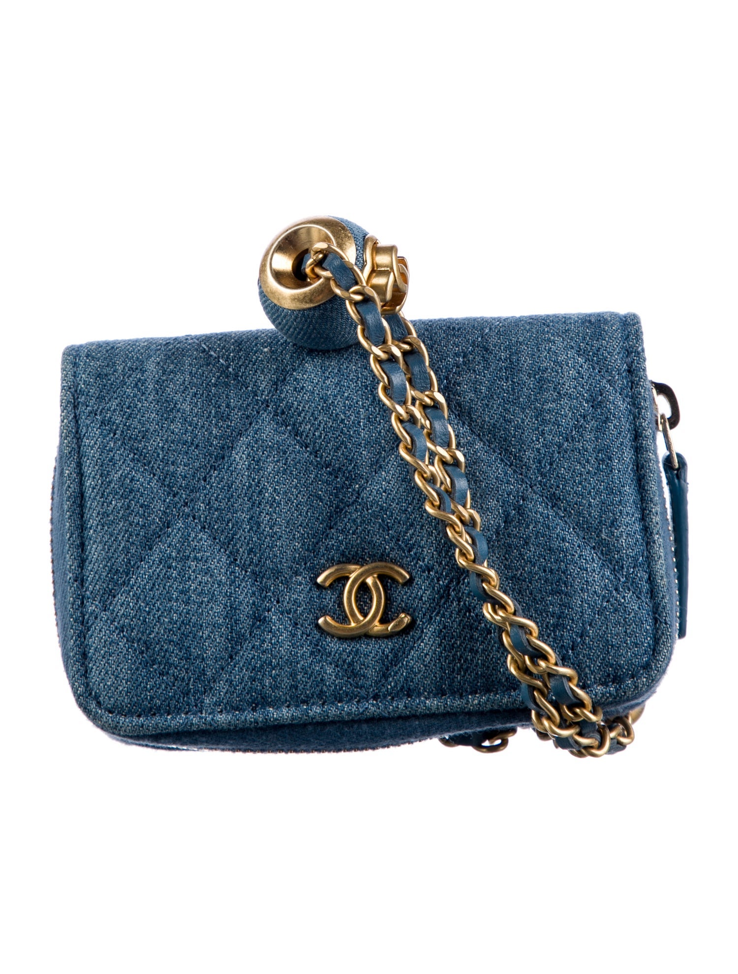 Chanel 2022 Denim Pearl Crush Card Holder w/ Chain