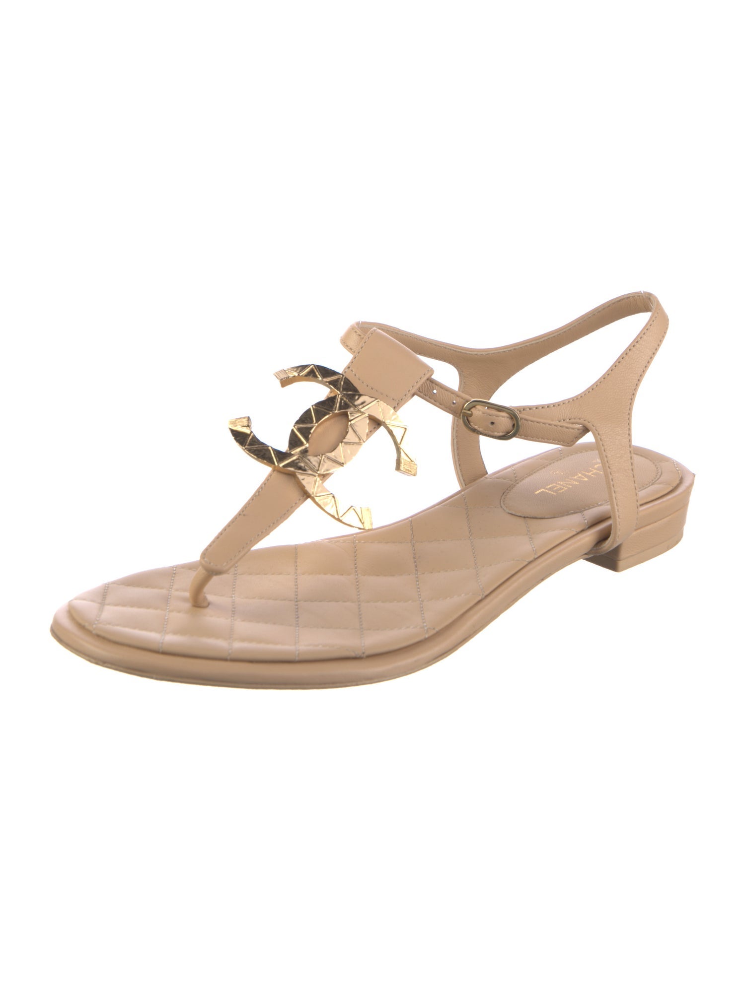 Chanel Interlocking CC Logo Leather T-Strap Sandals