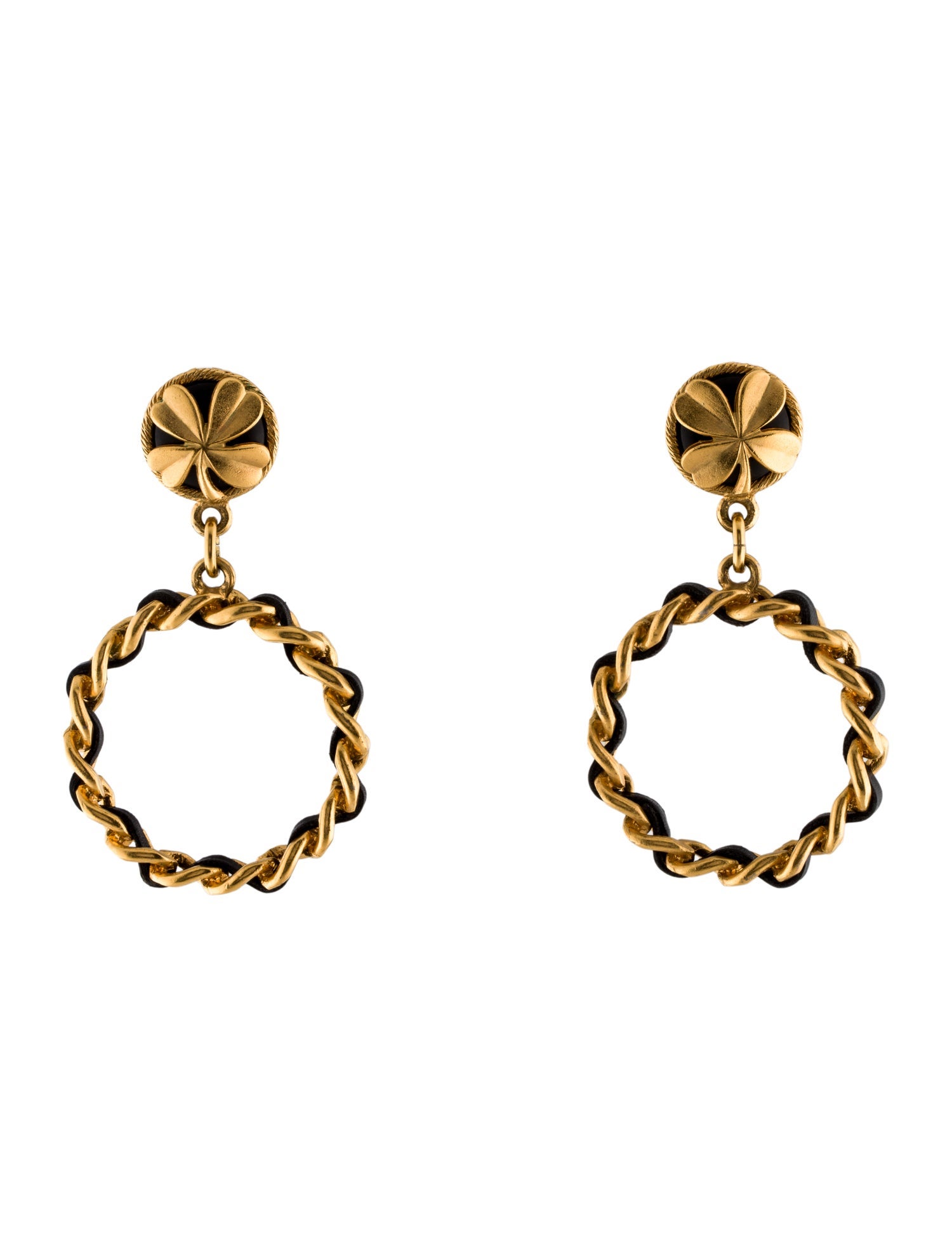 Chanel Vintage Leather Clover Clip-On Drop Earrings