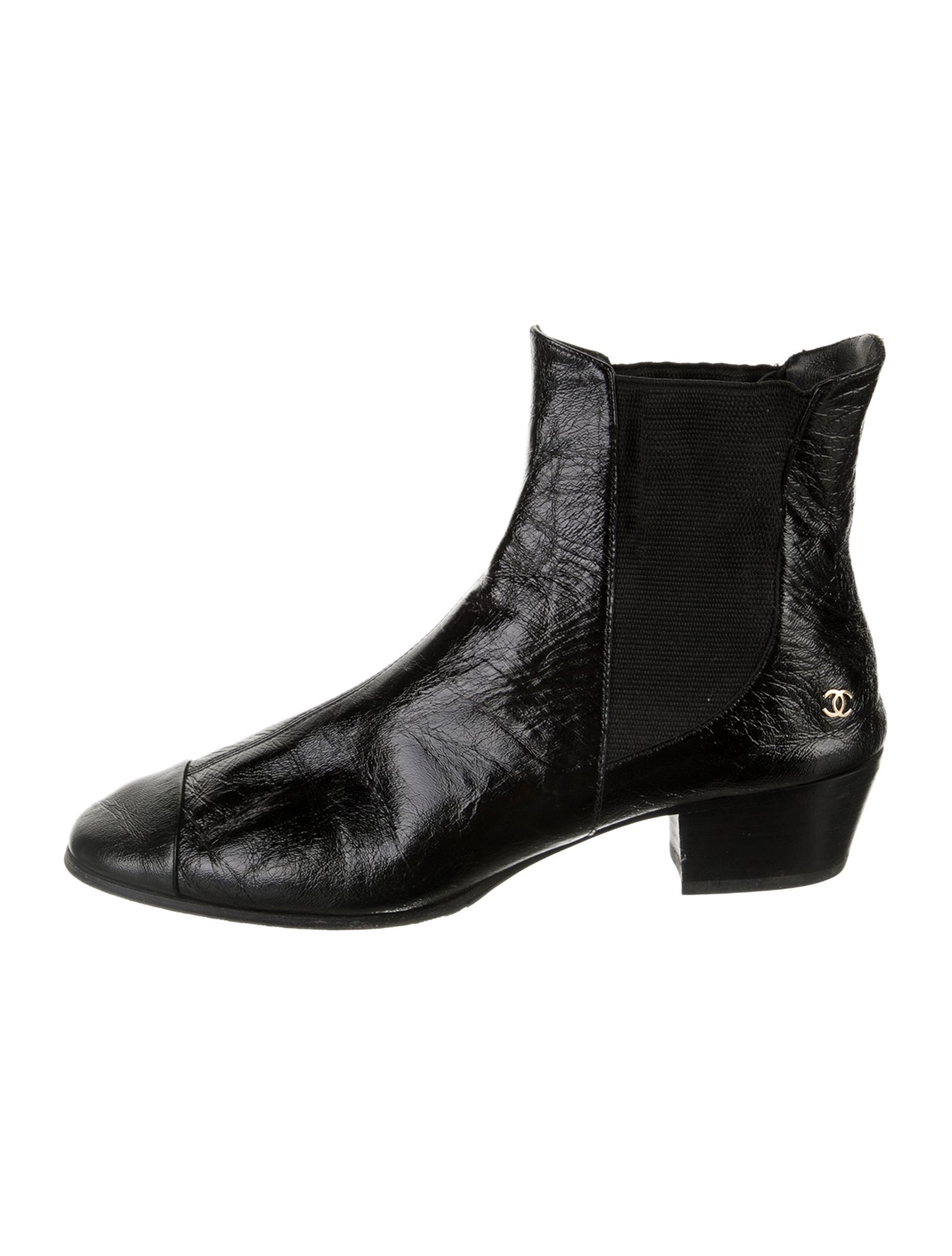Chanel Interlocking CC Logo Patent Leather Chelsea Boots