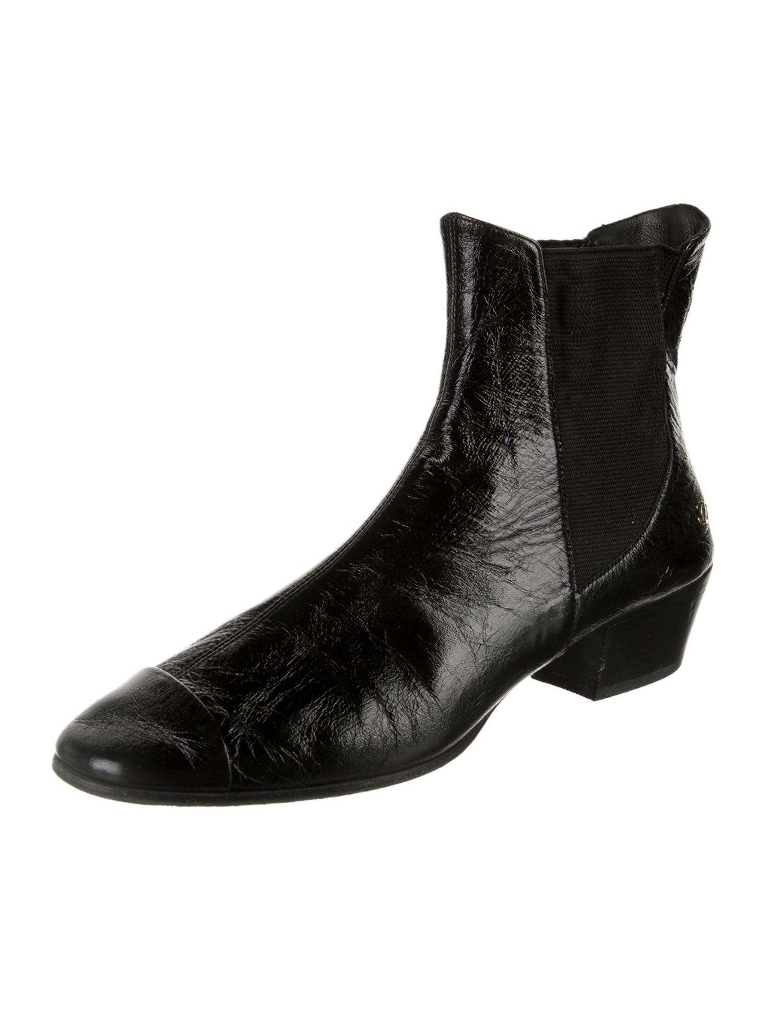 Chanel Interlocking CC Logo Patent Leather Chelsea Boots