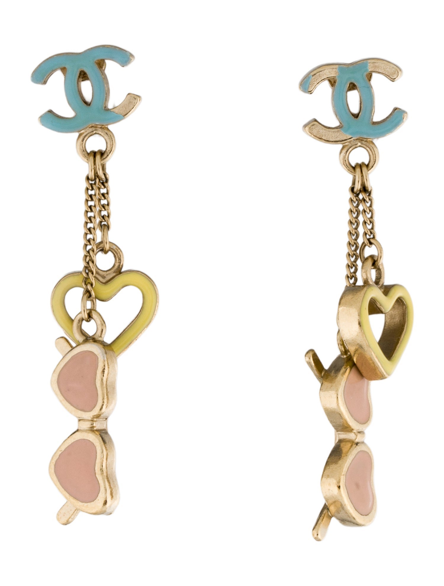 Chanel Enamel Heart & Sunglasses CC Drop Earrings