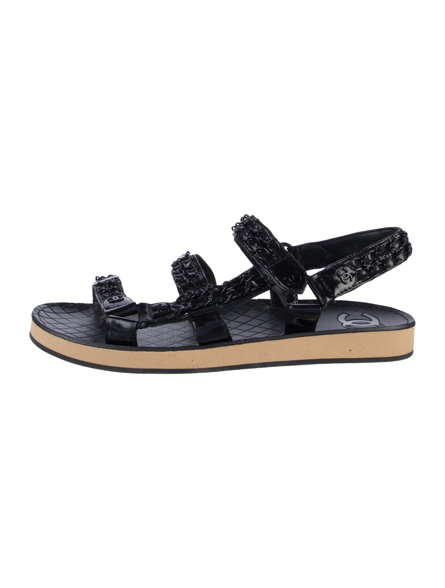 Chanel Interlocking CC Logo Patent Leather Slingback Sandals