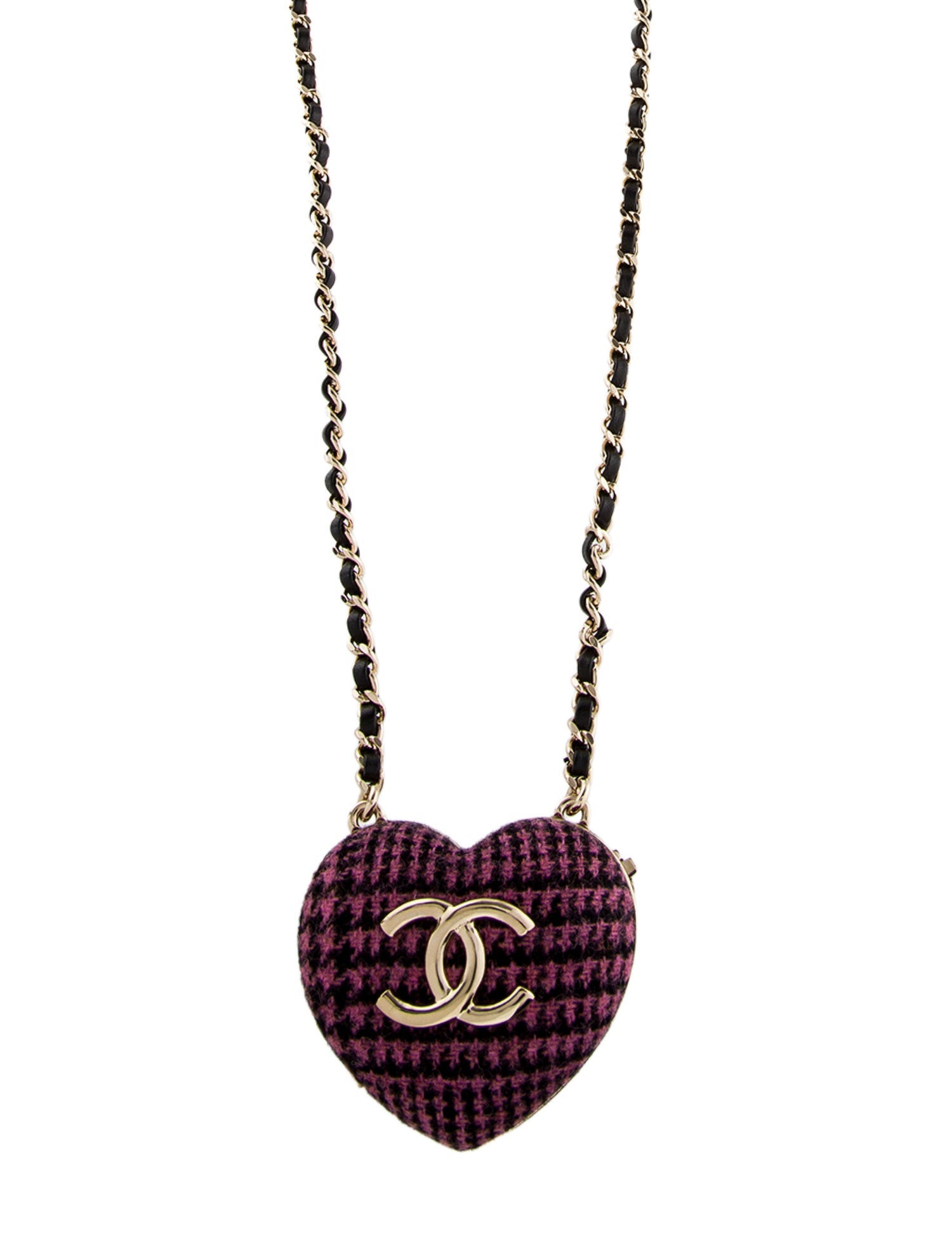 Chanel 2022 Tweed & Leather CC Heart Locket Pendant Necklace