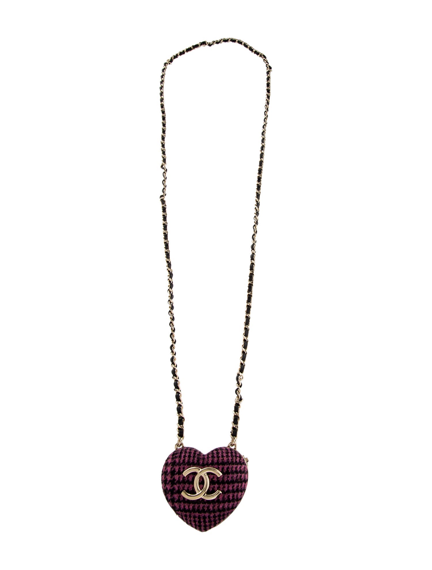 Chanel 2022 Tweed & Leather CC Heart Locket Pendant Necklace