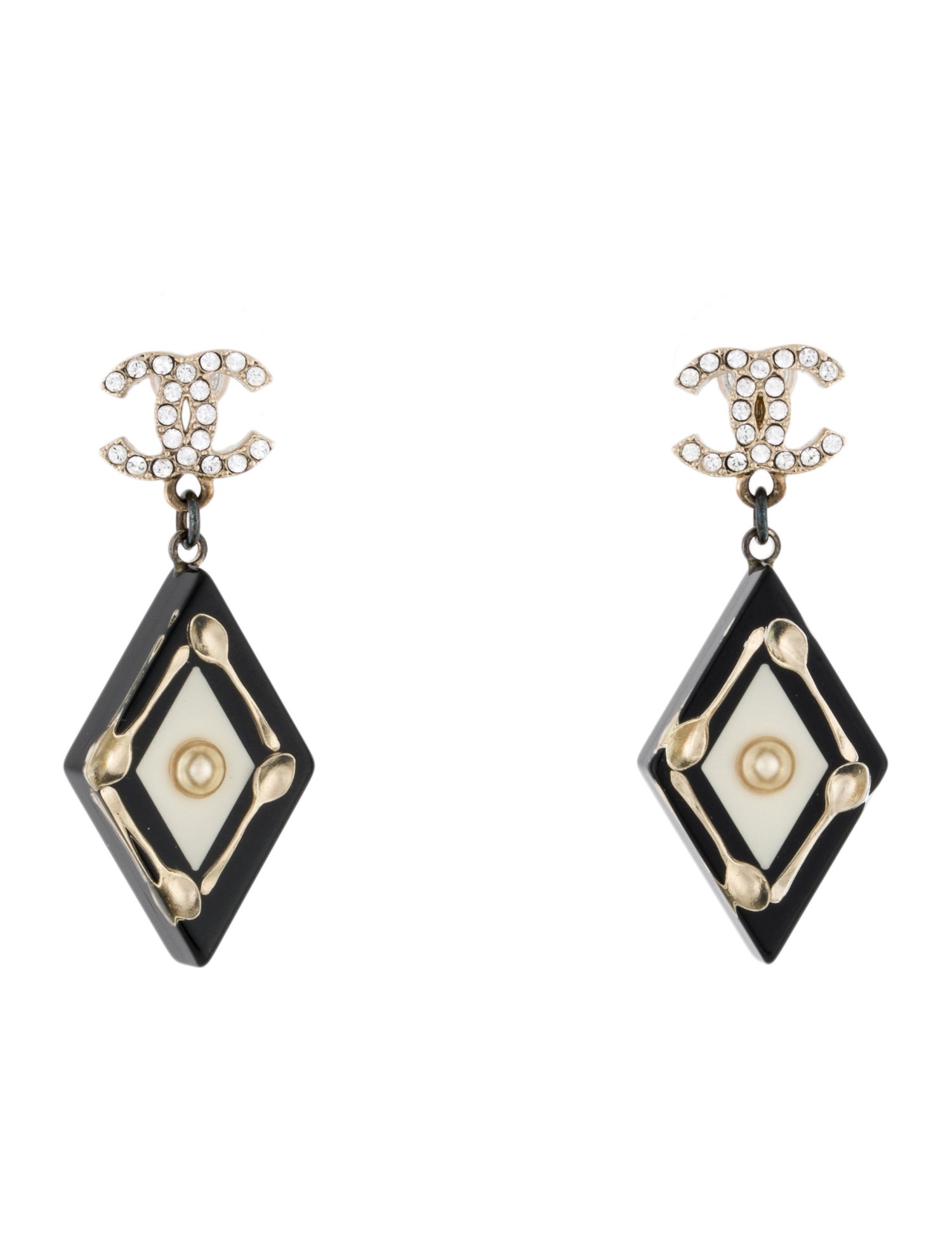 Chanel Faux Pearl, Strass & Resin CC Spoon Drop Earrings
