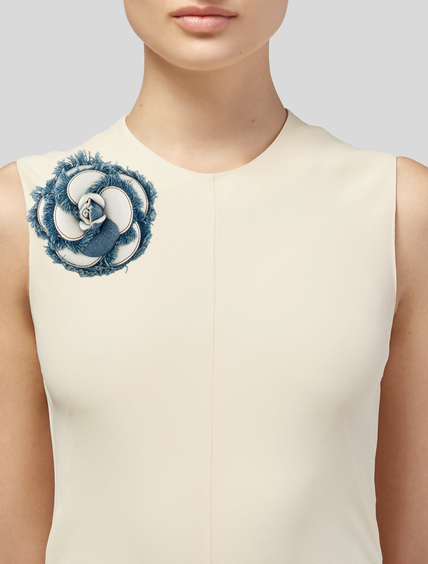 Chanel Leather & Denim Camellia Pin Brooch