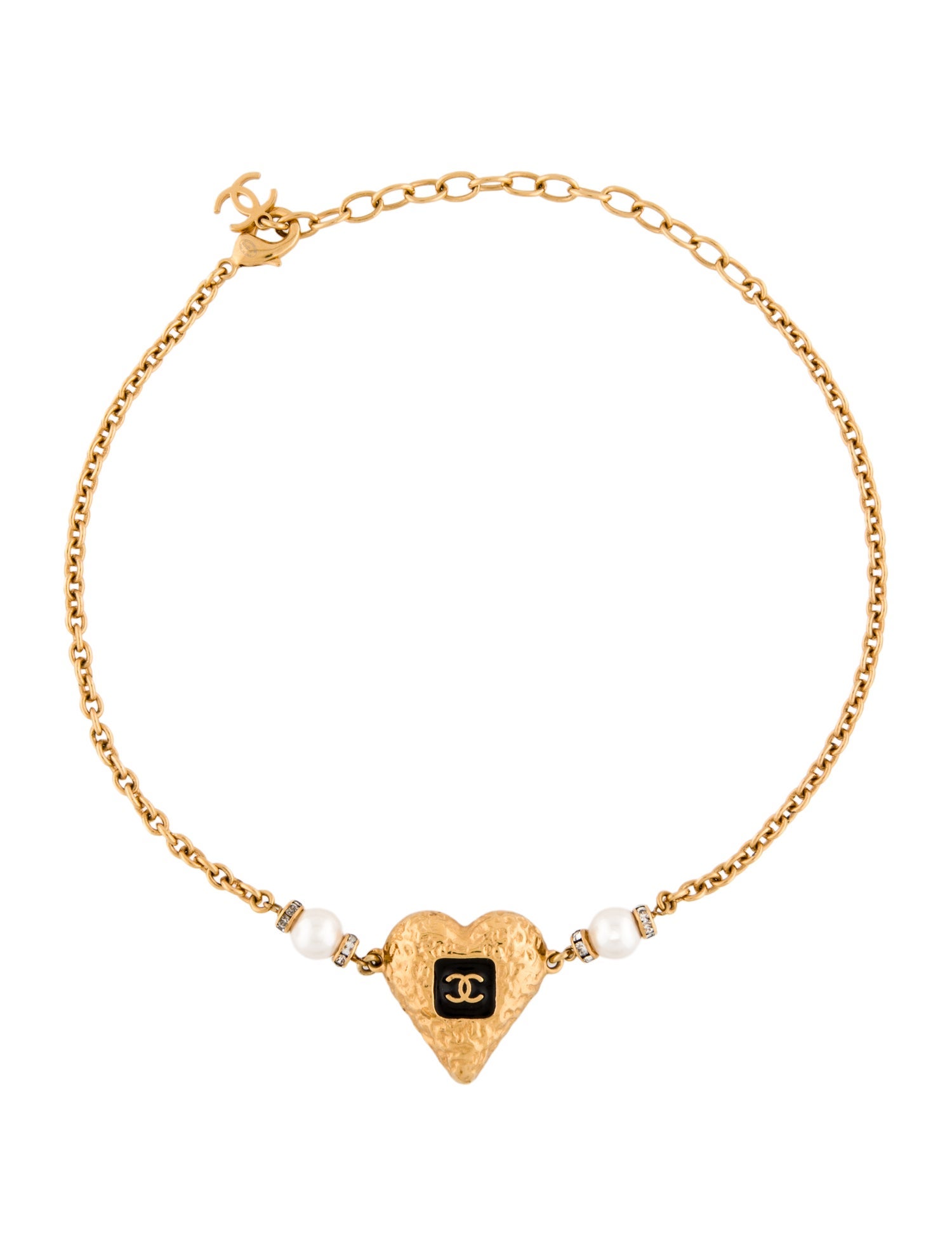 Chanel 2023 Faux Pearl, Strass & Resin CC Heart Choker Necklace
