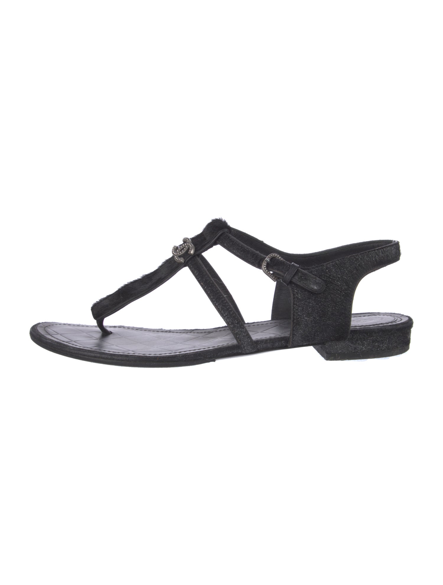 Chanel Interlocking CC Logo Ponyhair T-Strap Sandals
