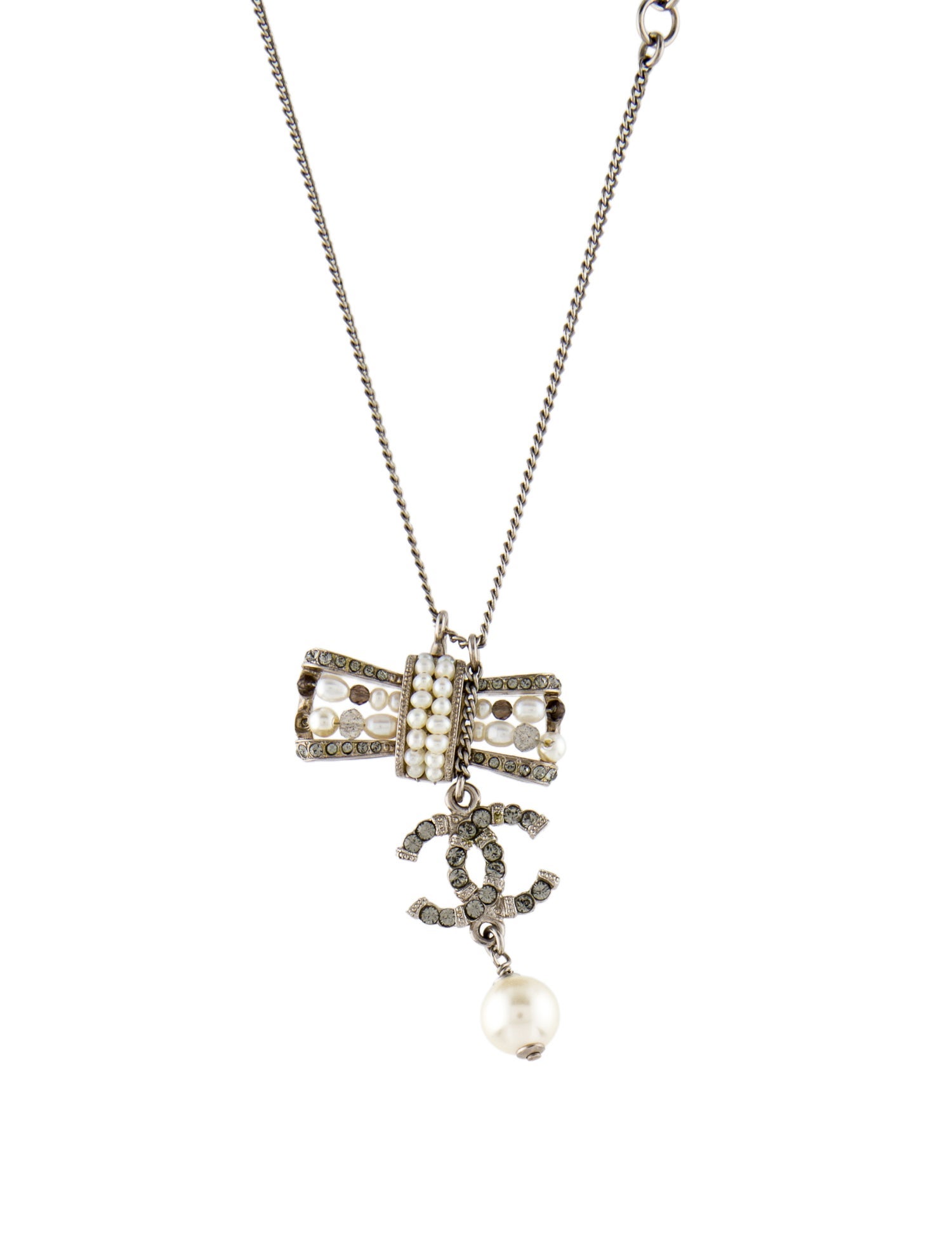 Chanel Pearl, Faux Pearl & Strass CC Bow Pendant Necklace